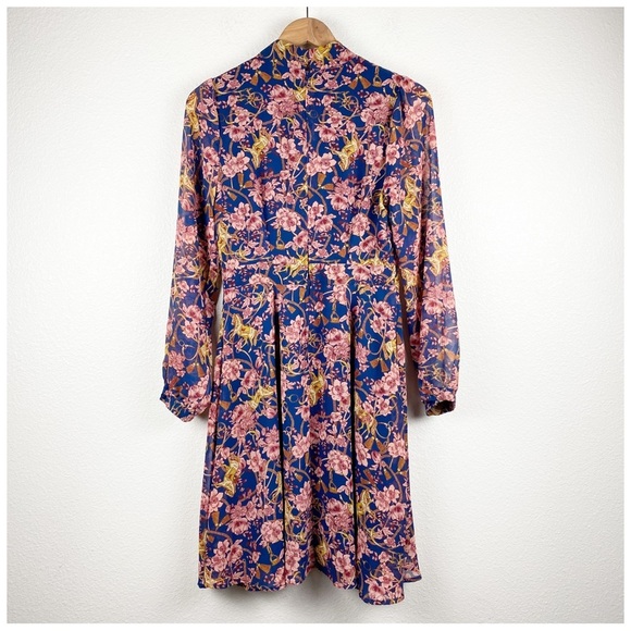 Floral Print Dress‎ Tie Neck Long Sleeve Fit Flare Party Cocktail - Picture 3 of 11